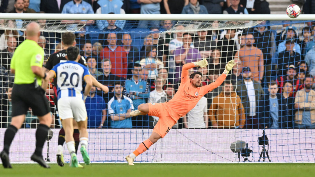 Julio Enciso Stefan Ortega Brighton & Hove Albion v Manchester City Premier League 05242023 (GLYN KIRK/AFP via Getty Images)