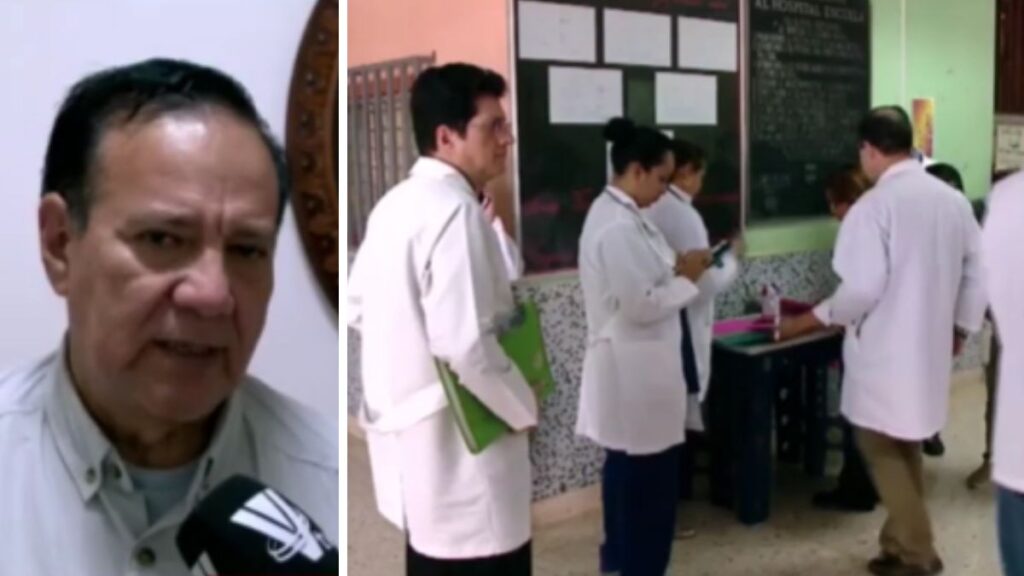 Médicos con batas blancas en conferencia de prensa anunciando protesta por salarios