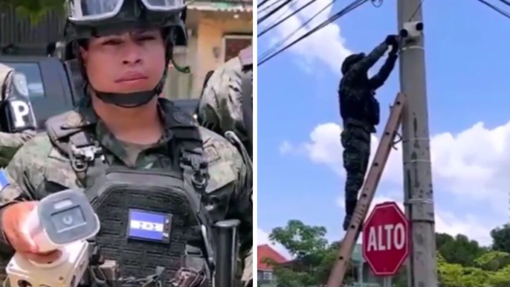Agentes de la Policía Militar desmantelando cámaras de vigilancia ilegales en postes de San Pedro Sula.