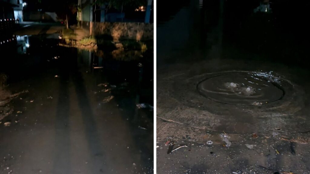 Calle inundada con aguas negras en la colonia Montefresco de San Pedro Sula